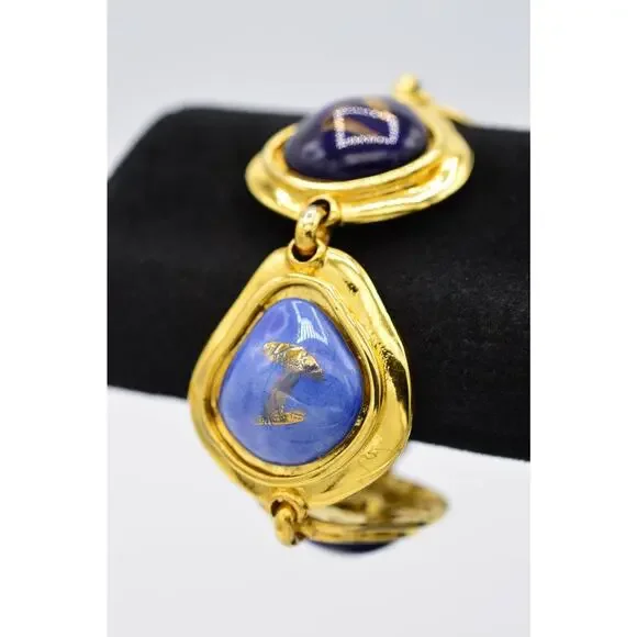 Edouard Rambaud Vintage Cabochon Bracelet Gold Blue Painted Gripoix Chunky BinY